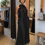 Helene | Vestido Maxi Sem Mangas em Linho com Rendas