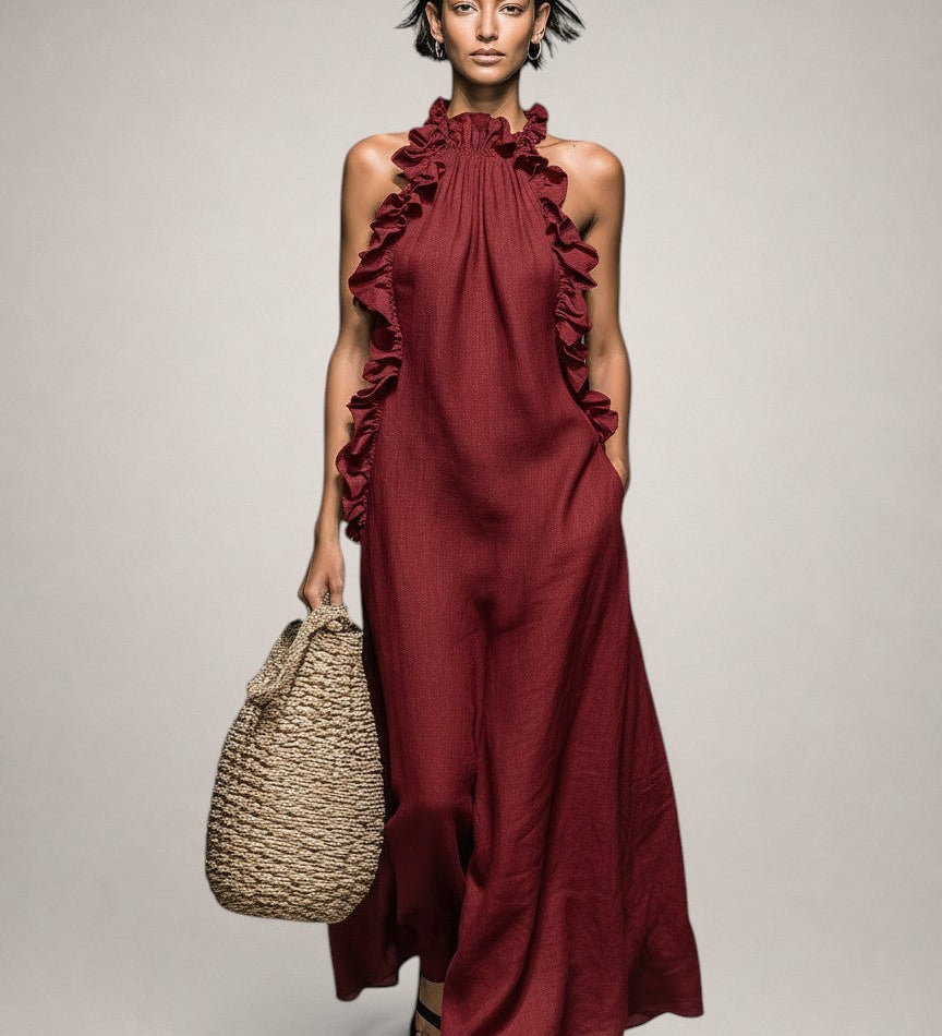 Helene | Vestido Maxi Sem Mangas em Linho com Rendas