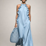 Helene | Vestido Maxi Sem Mangas em Linho com Rendas