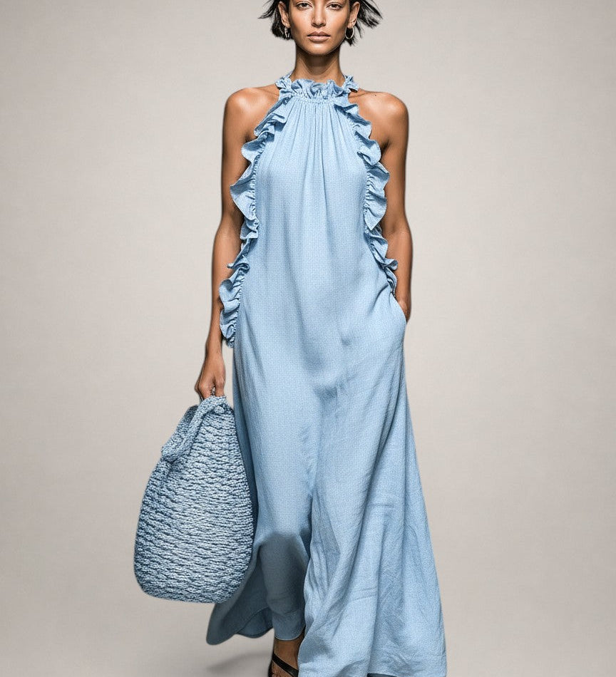 Helene | Vestido Maxi Sem Mangas em Linho com Rendas