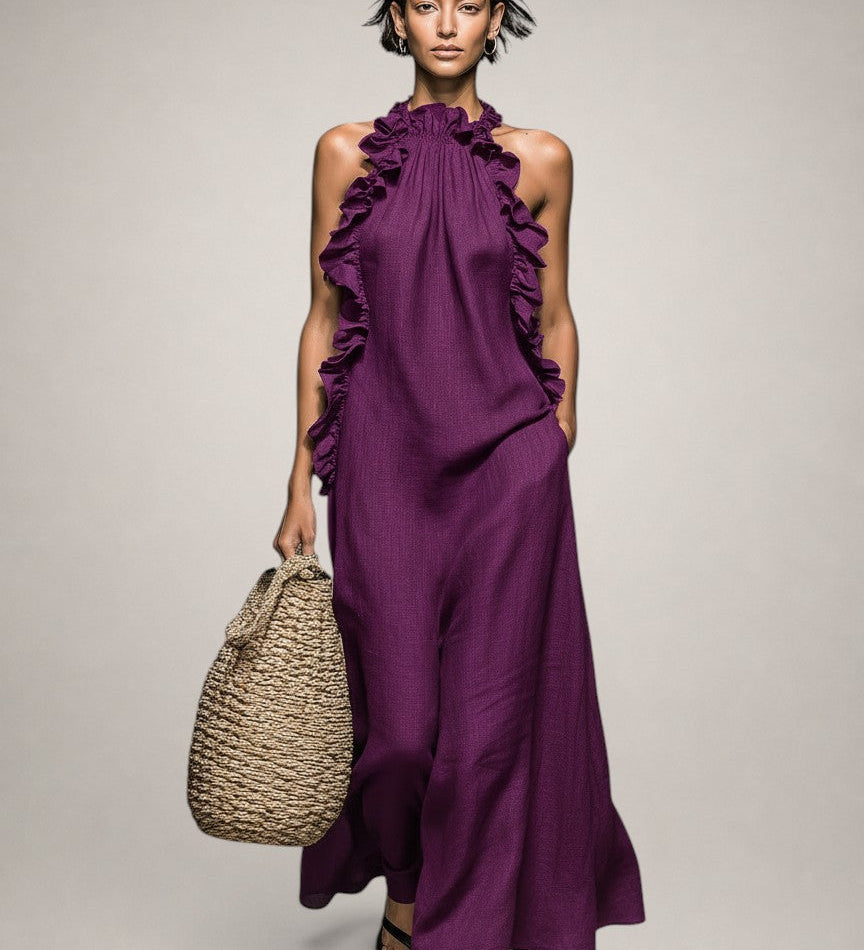 Helene | Vestido Maxi Sem Mangas em Linho com Rendas