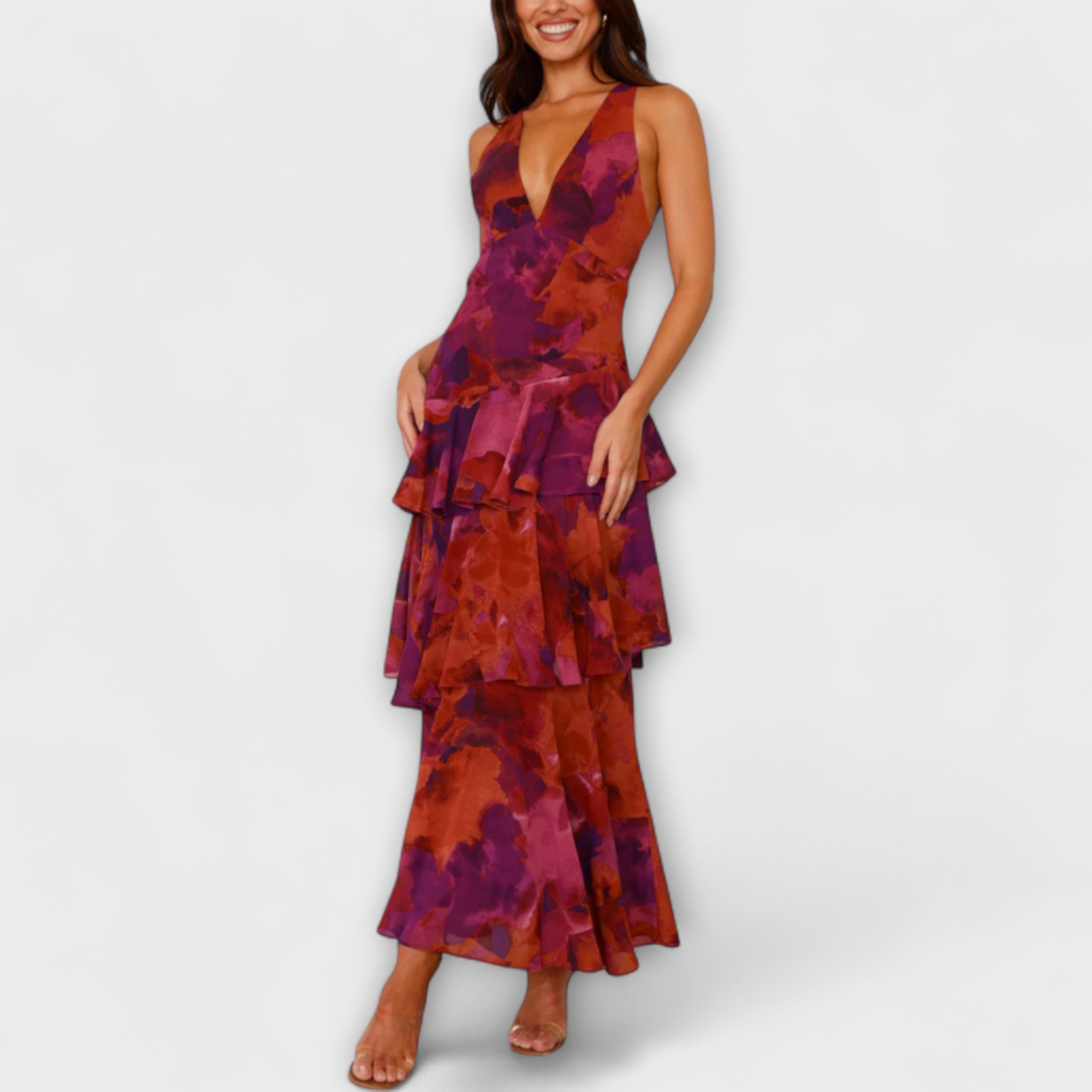 Domenica - Vestido de Chiffon com Decote em V e Camadas Fluidas