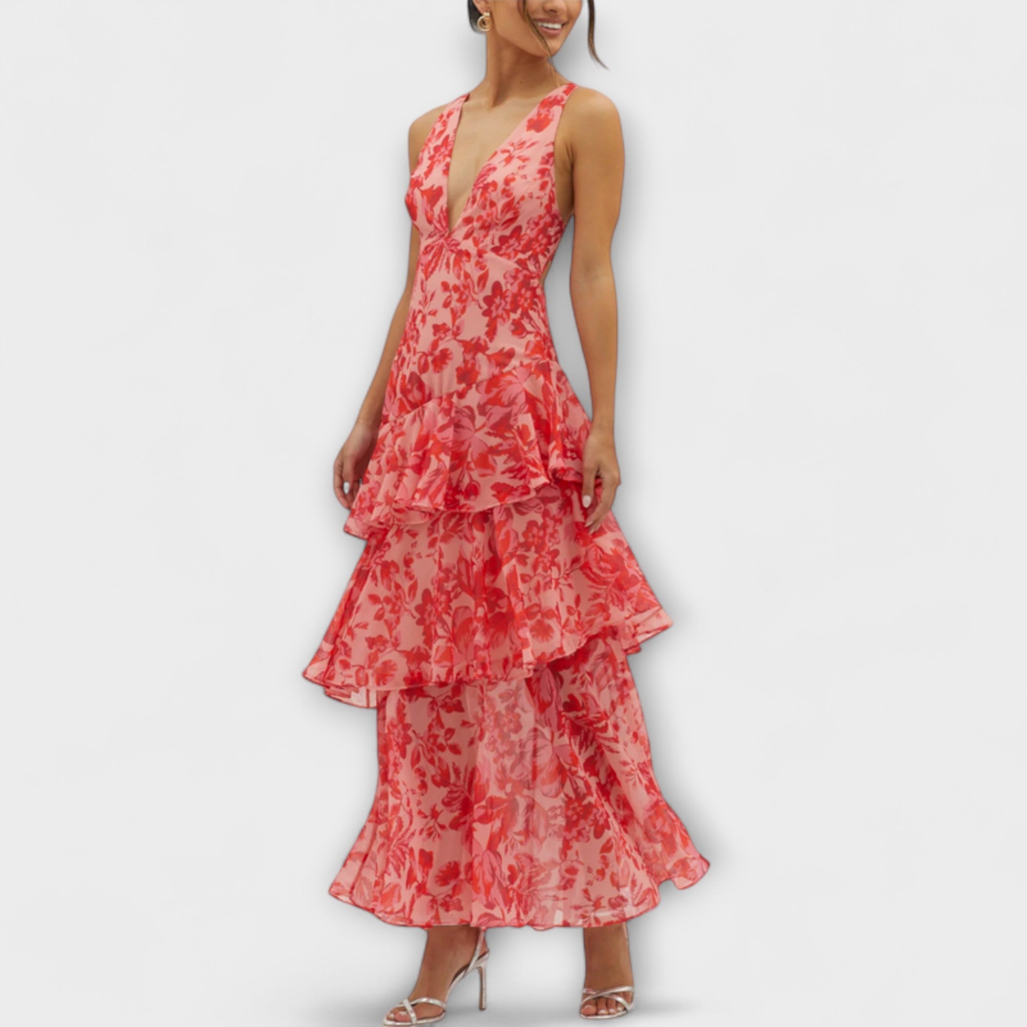 Domenica - Vestido de Chiffon com Decote em V e Camadas Fluidas