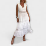 Ninfea Vestido Midi Boho Sem Mangas com Detalhes em Renda