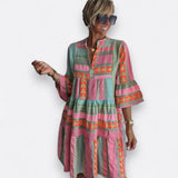 Juliane | Vestido de baloico com print étnico e gola alta