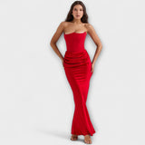 Vestido Maxi de Satin Sem Alças com Drapagem