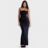 Vestido Maxi de Satin Sem Alças com Drapagem