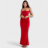 Vestido Maxi de Satin Sem Alças com Drapagem