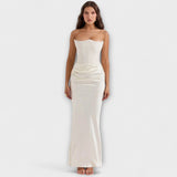 Vestido Maxi de Satin Sem Alças com Drapagem