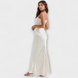 Vestido Maxi de Satin Sem Alças com Drapagem