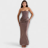Vestido Maxi de Satin Sem Alças com Drapagem